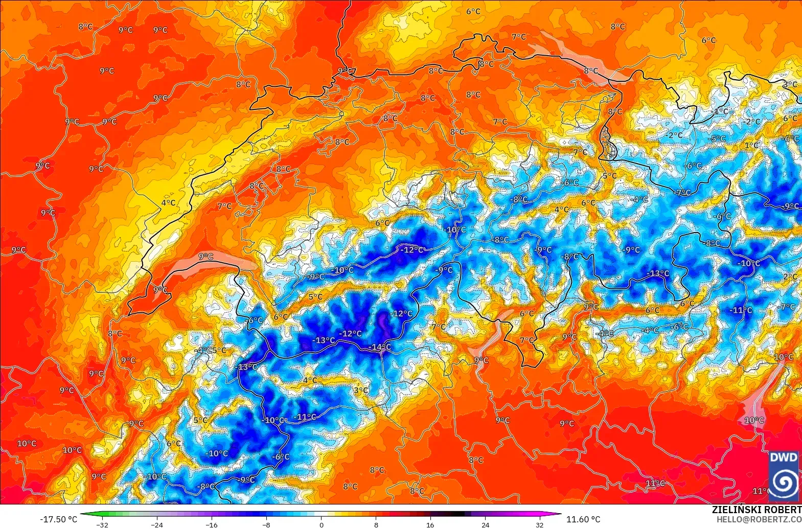 ICON ドイツ 2 km モデル - スイス, 気温異常（850hPa）