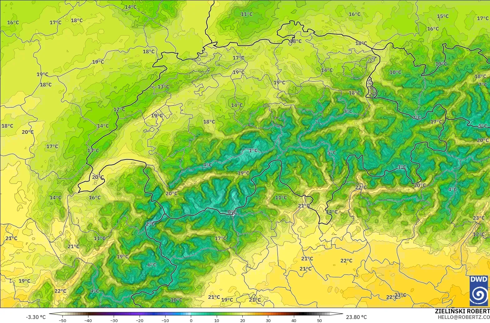 ICON ドイツ 2 km モデル - スイス, 気温（850hPa）