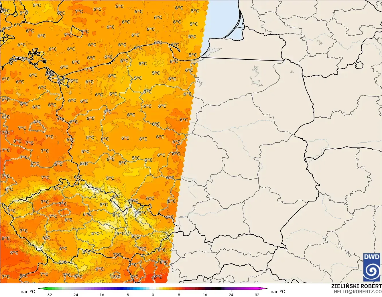ICON ドイツ 2 km モデル - ポーランド, 気温異常（850hPa）