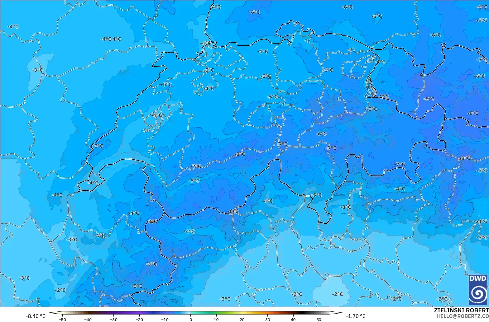 ICON ドイツ 2 km モデル - スイス, 気温（500hPa）