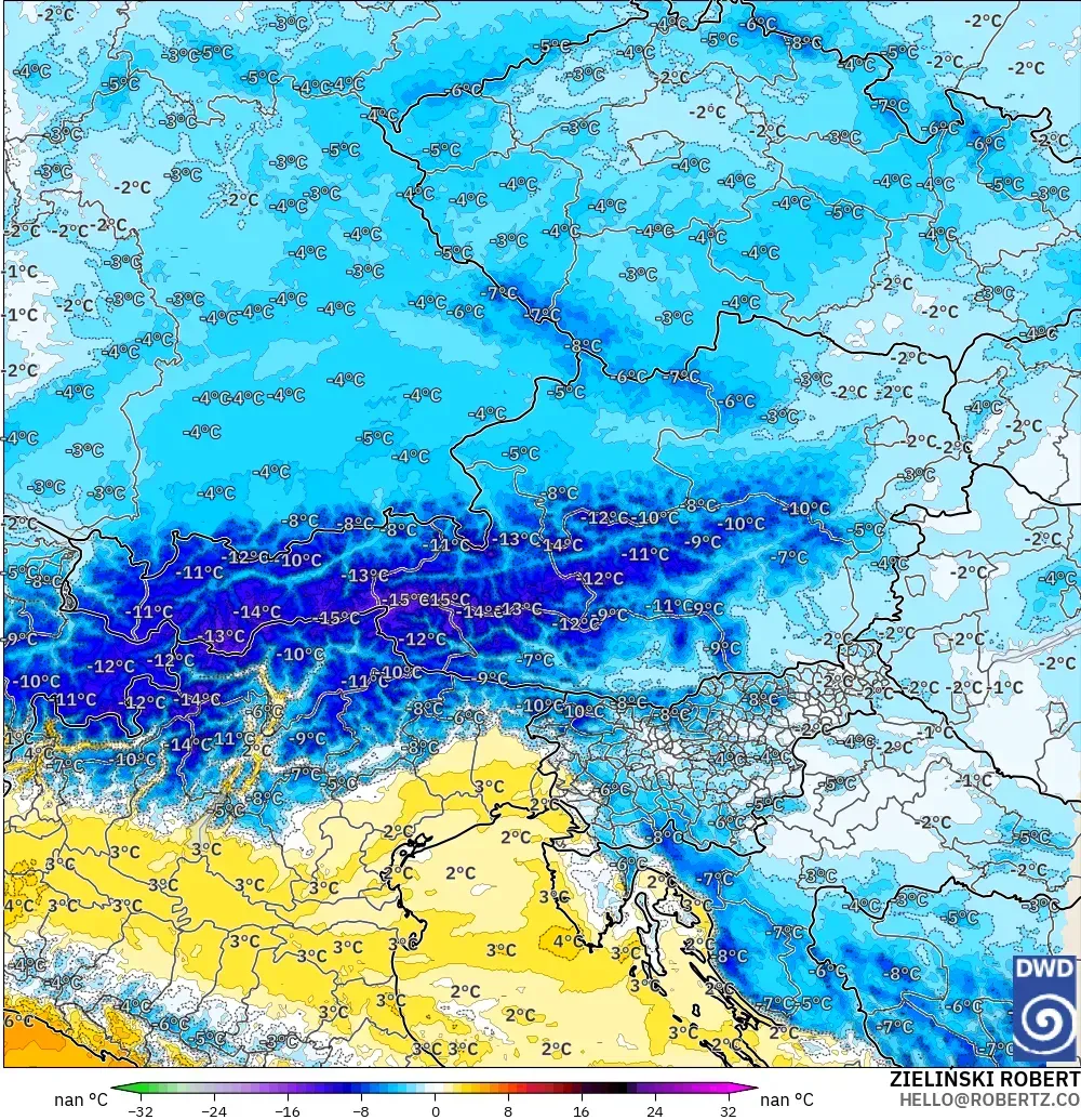 ICON ドイツ 2 km モデル - オーストリア, 気温異常（850hPa）