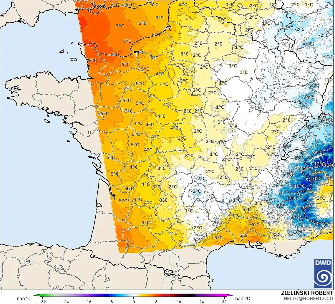 ICON ドイツ 2 km モデル - フランス, 気温異常（850hPa）