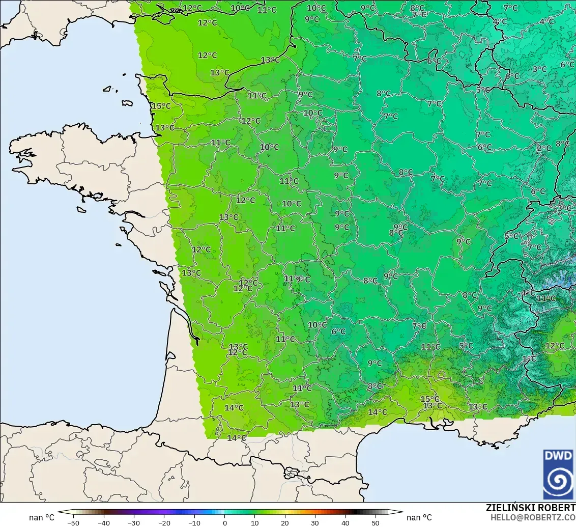 ICON ドイツ 2 km モデル - フランス, 気温（850hPa）
