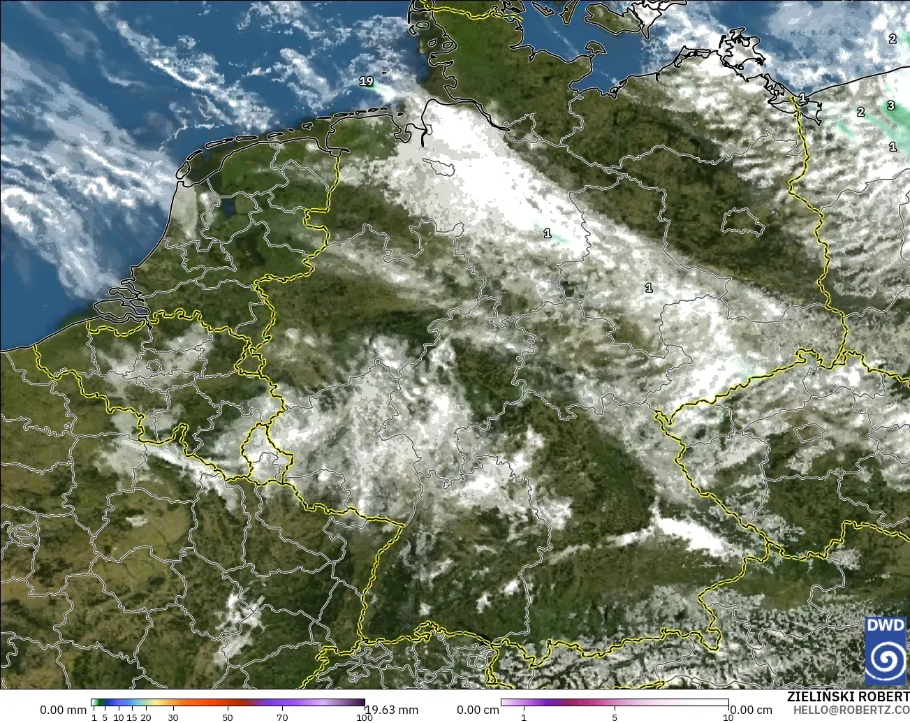 ICON ドイツ 2 km モデル - ドイツ, 降水量、雲、気圧