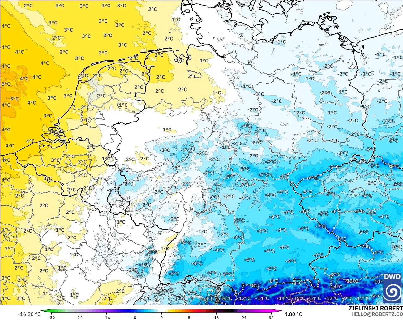 ICON ドイツ 2 km モデル - ドイツ, 気温異常（850hPa）