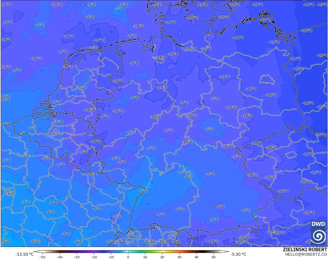 ICON ドイツ 2 km モデル - ドイツ, 気温（500hPa）