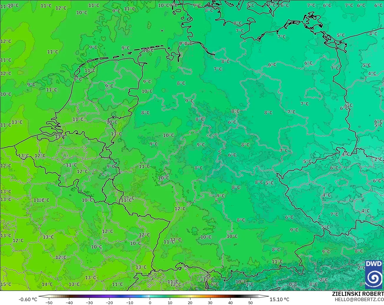 ICON ドイツ 2 km モデル - ドイツ, 気温（850hPa）