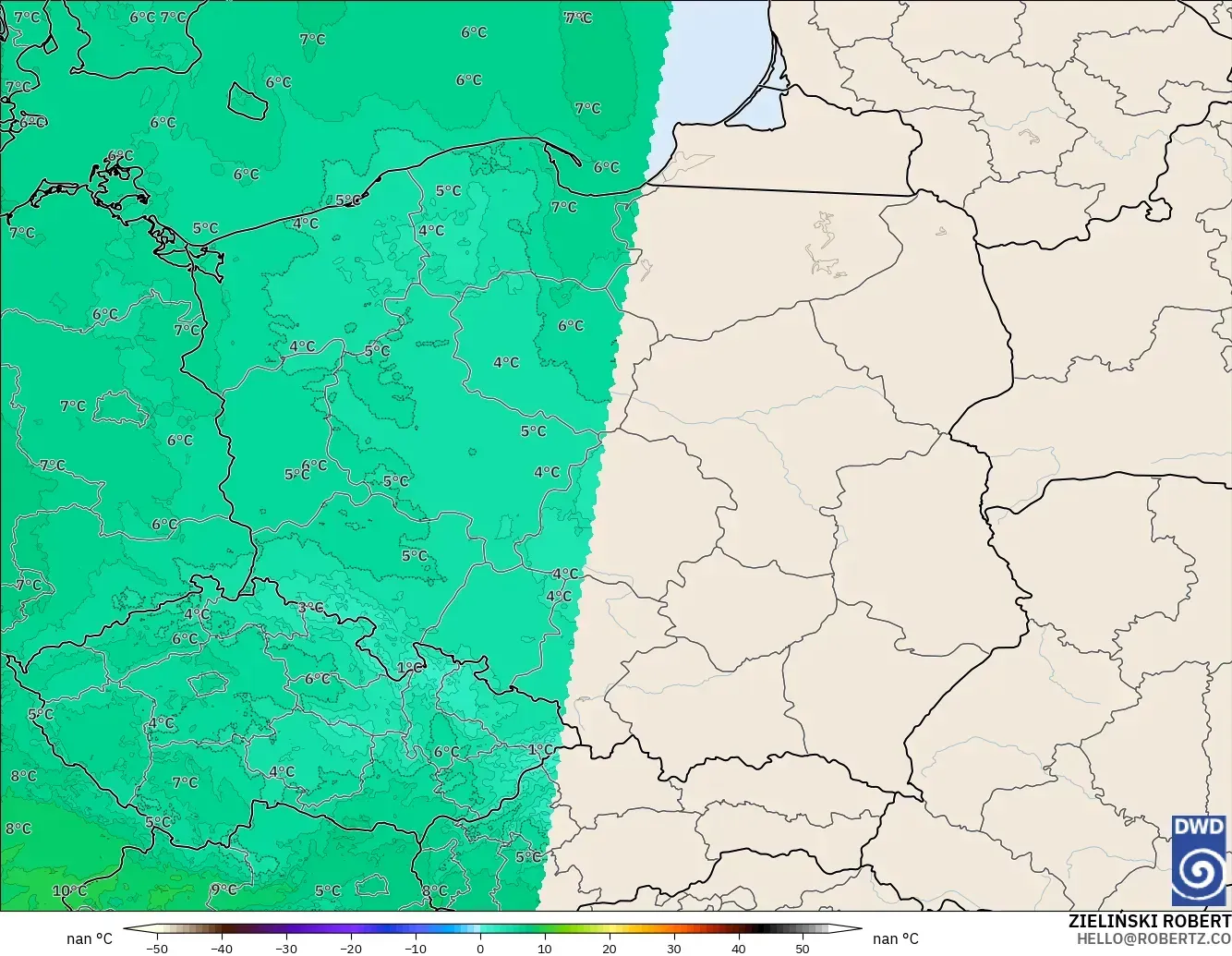 ICON ドイツ 2 km モデル - ポーランド, 気温（850hPa）
