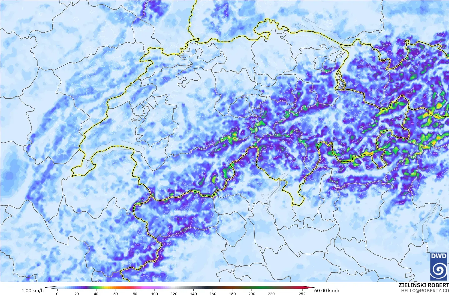 ICON ドイツ 2 km モデル - スイス, 突風（最大）