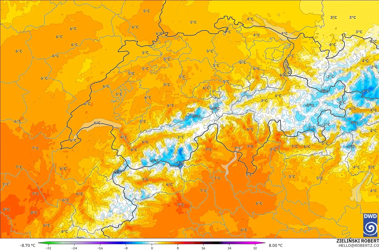 ICON ドイツ 2 km モデル - スイス, 気温異常（850hPa）