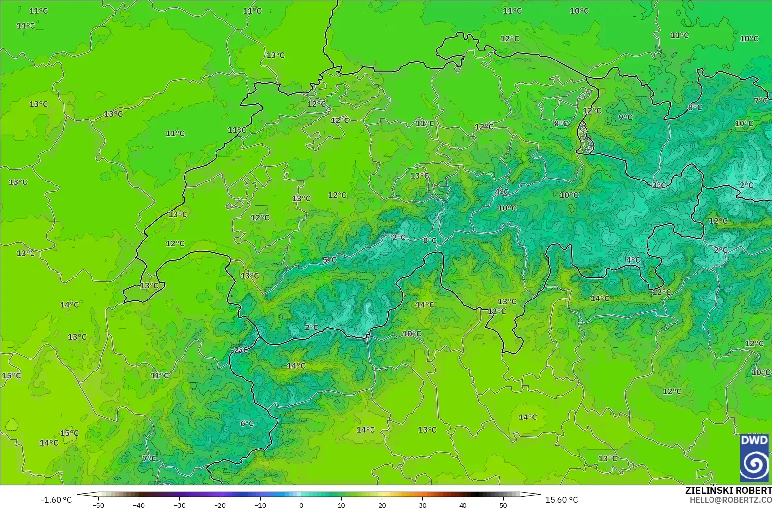 ICON ドイツ 2 km モデル - スイス, 気温（850hPa）