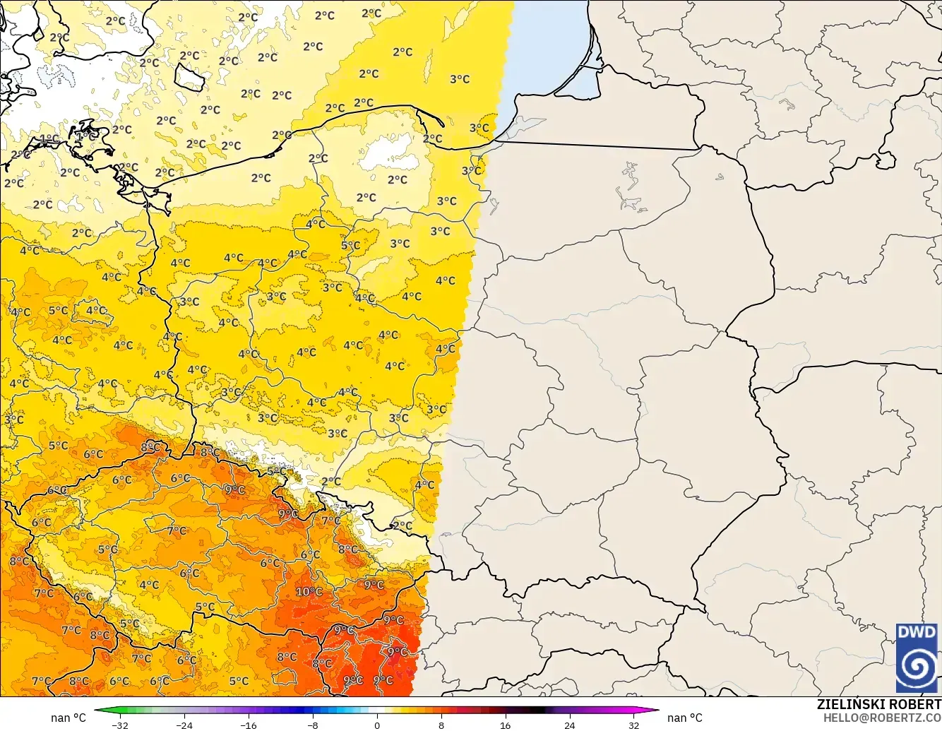 ICON ドイツ 2 km モデル - ポーランド, 気温異常（850hPa）