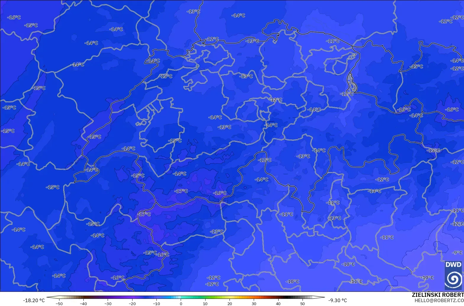ICON ドイツ 2 km モデル - スイス, 気温（500hPa）