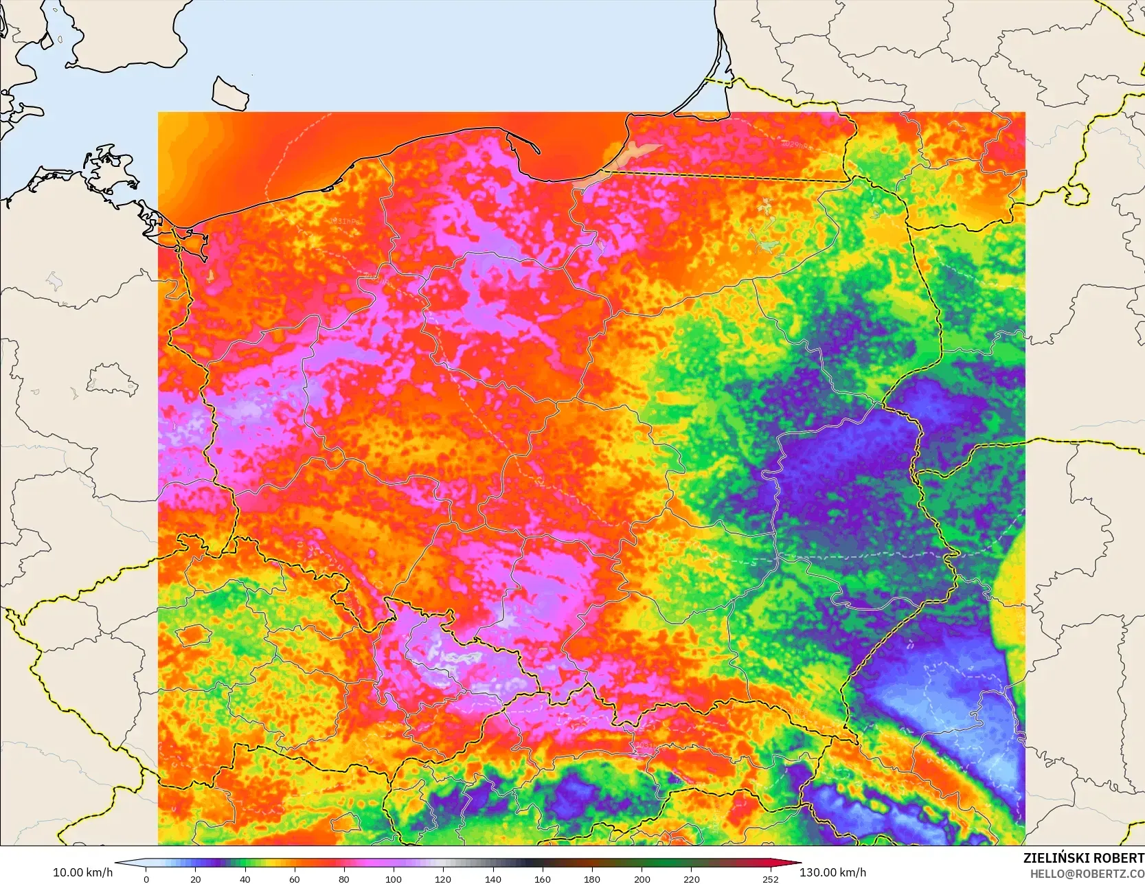 ICON ポーランド 2 km モデル - ポーランド, 突風（最大）