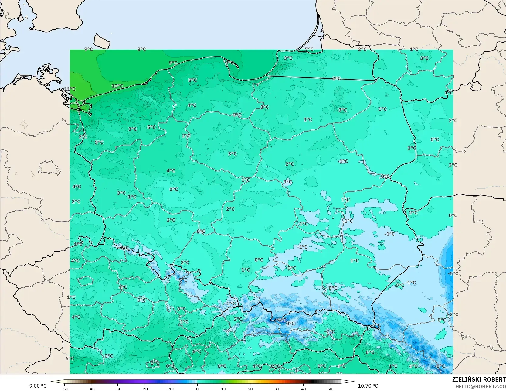 ICON ポーランド 2 km モデル - ポーランド, 気温（2m）