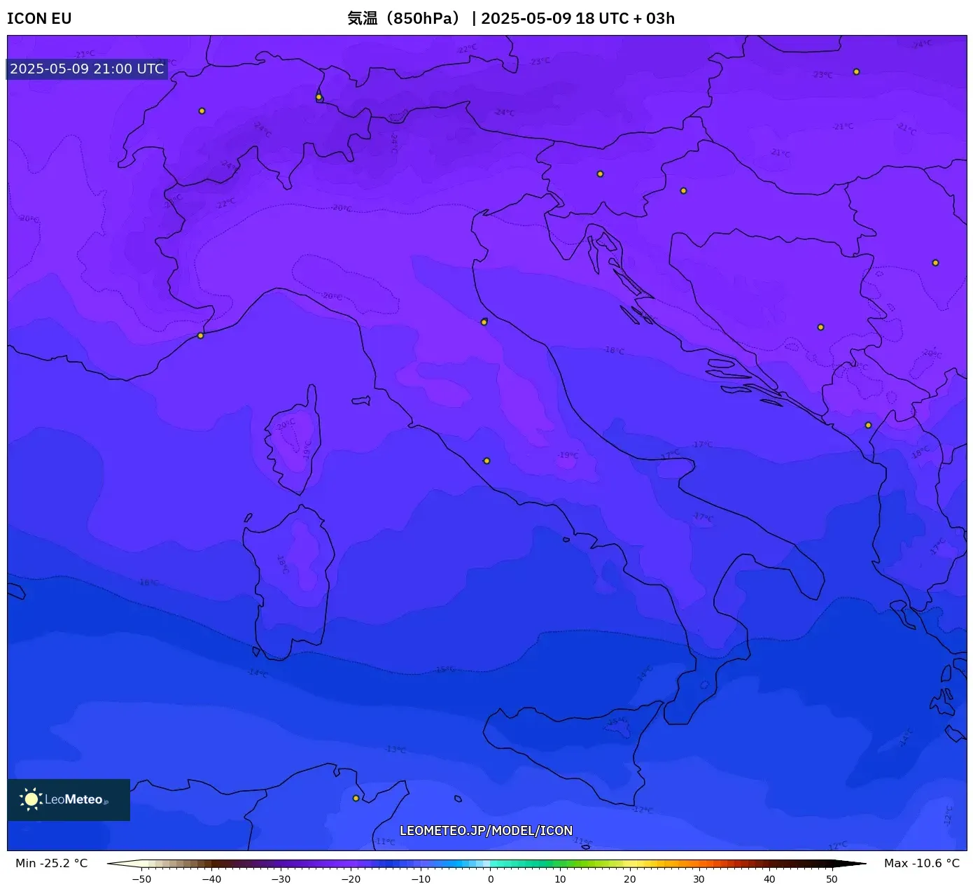 ICON - イタリア, 気温(850hPa) ICON - イタリア, 気温(850hPa)