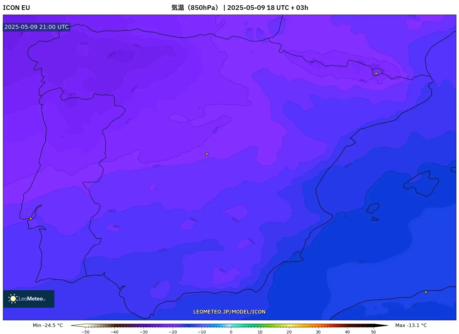 ICON - スペイン, 気温(850hPa) ICON - スペイン, 気温(850hPa)