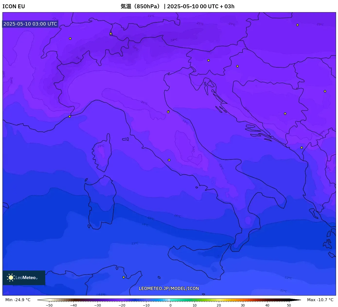 ICON - イタリア, 気温(850hPa) ICON - イタリア, 気温(850hPa)