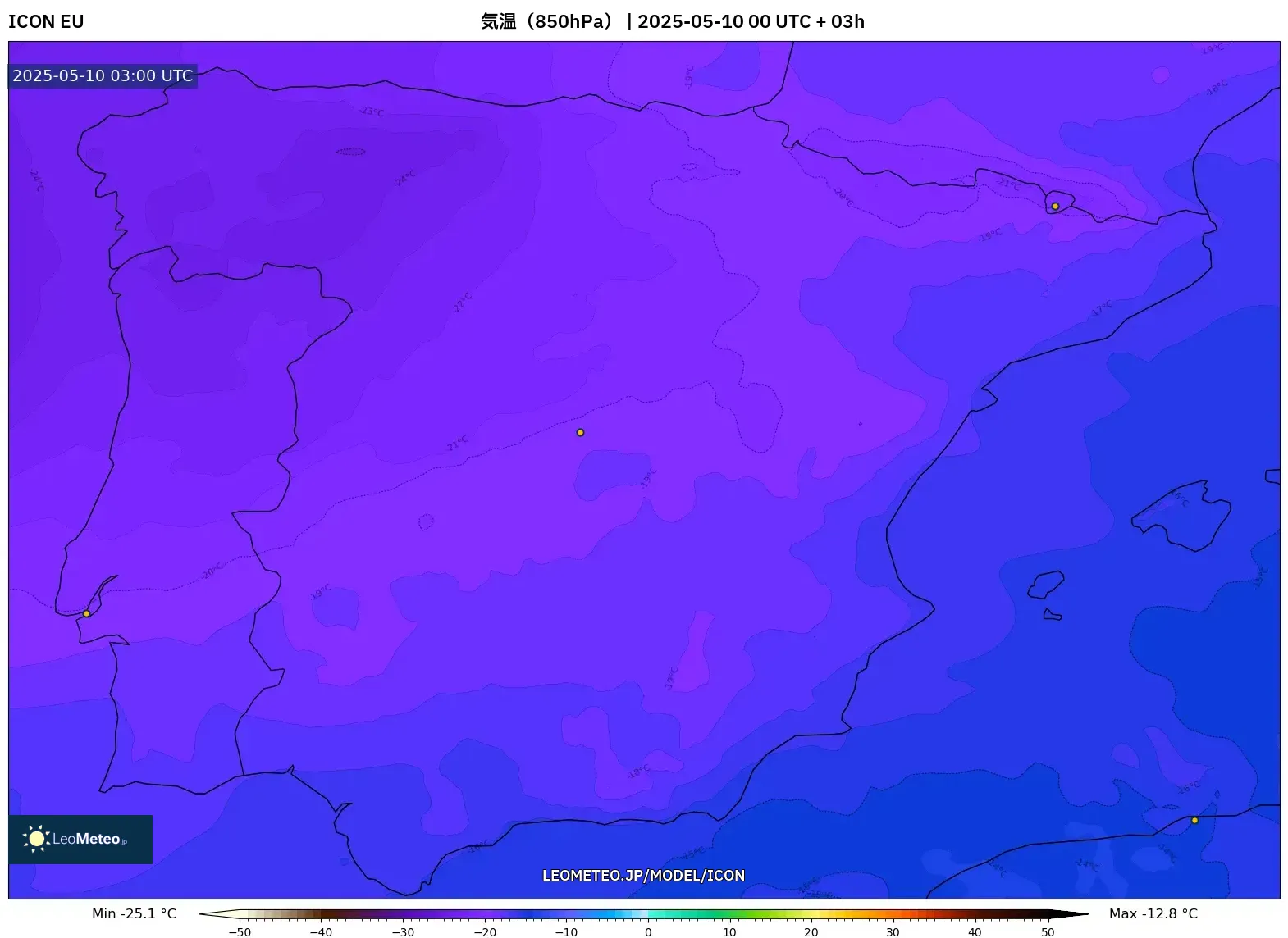ICON - スペイン, 気温(850hPa) ICON - スペイン, 気温(850hPa)