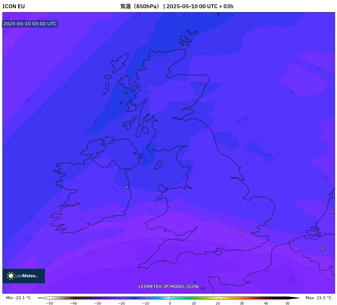 ICON - イギリス, 気温(850hPa) ICON - イギリス, 気温(850hPa)