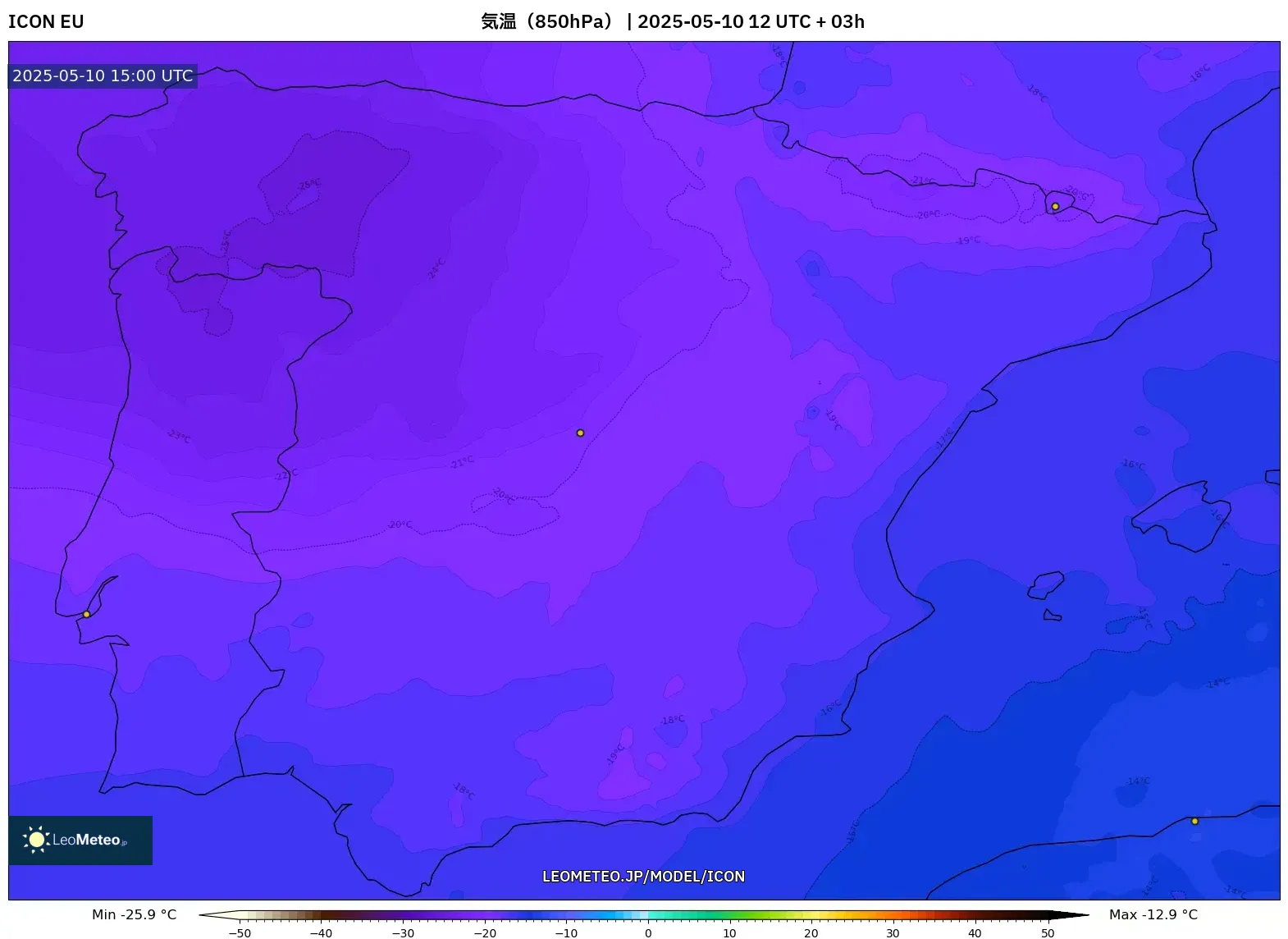 ICON - スペイン, 気温(850hPa) ICON - スペイン, 気温(850hPa)