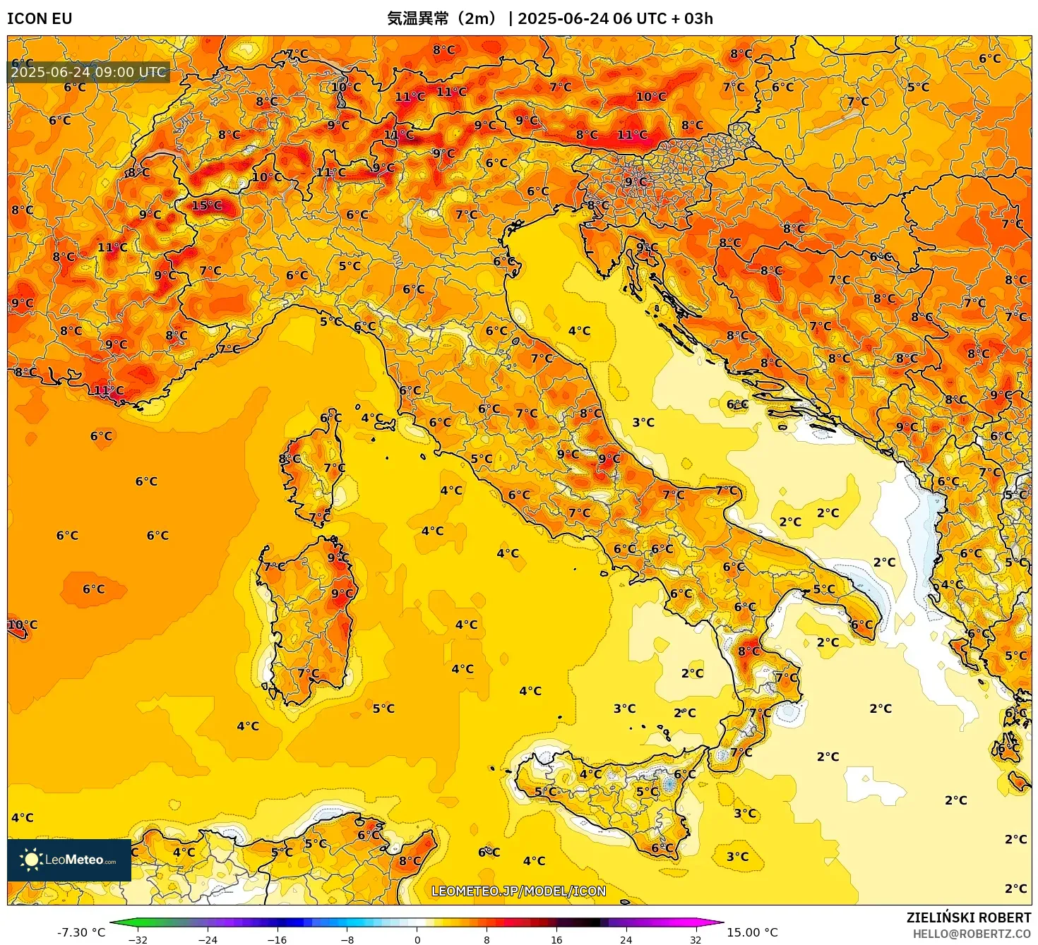 ICON model - イタリア, 気温異常(2m) ICON model - イタリア, 気温異常(2m)