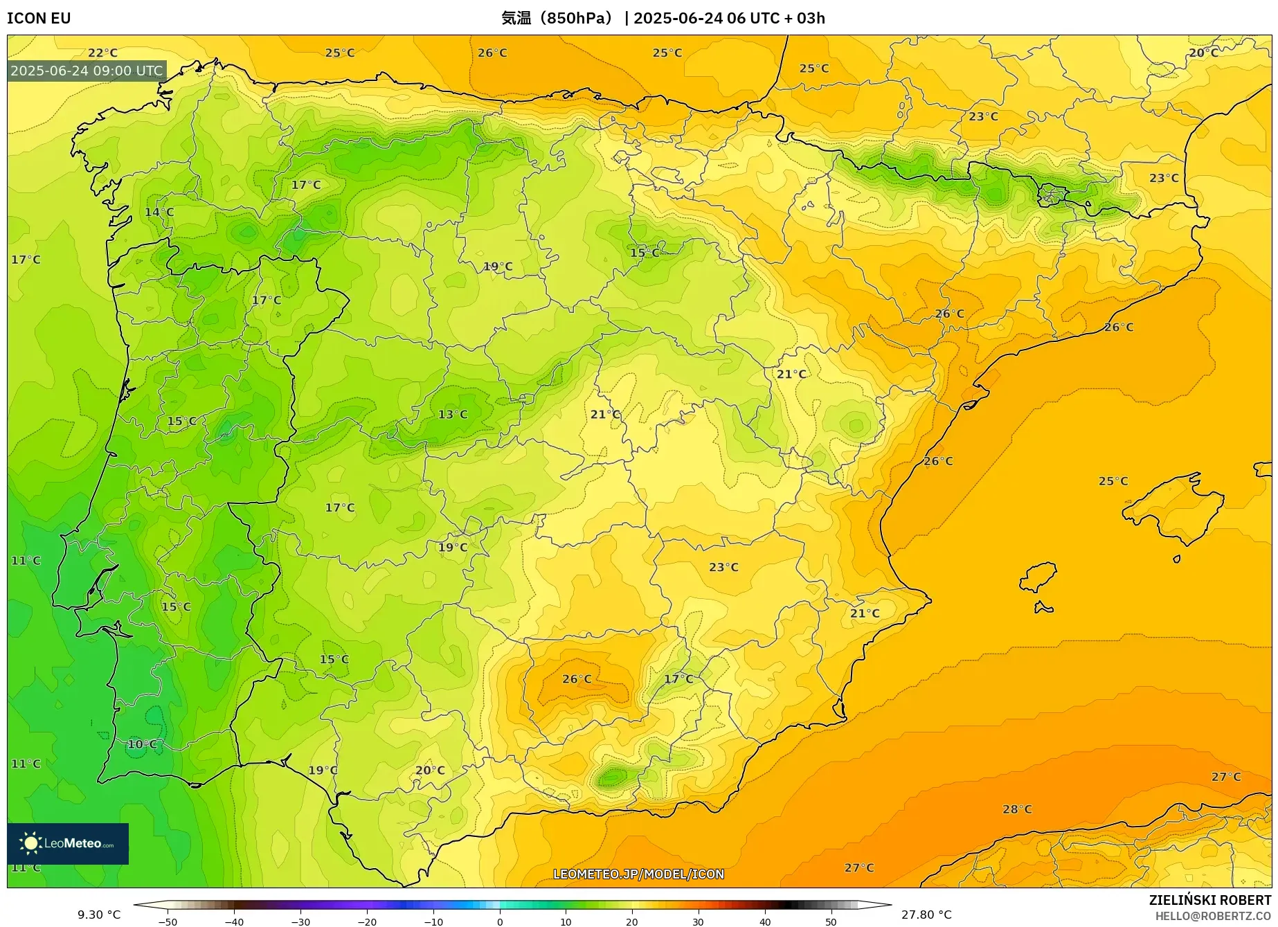 ICON model - スペイン, 気温(850hPa) ICON model - スペイン, 気温(850hPa)