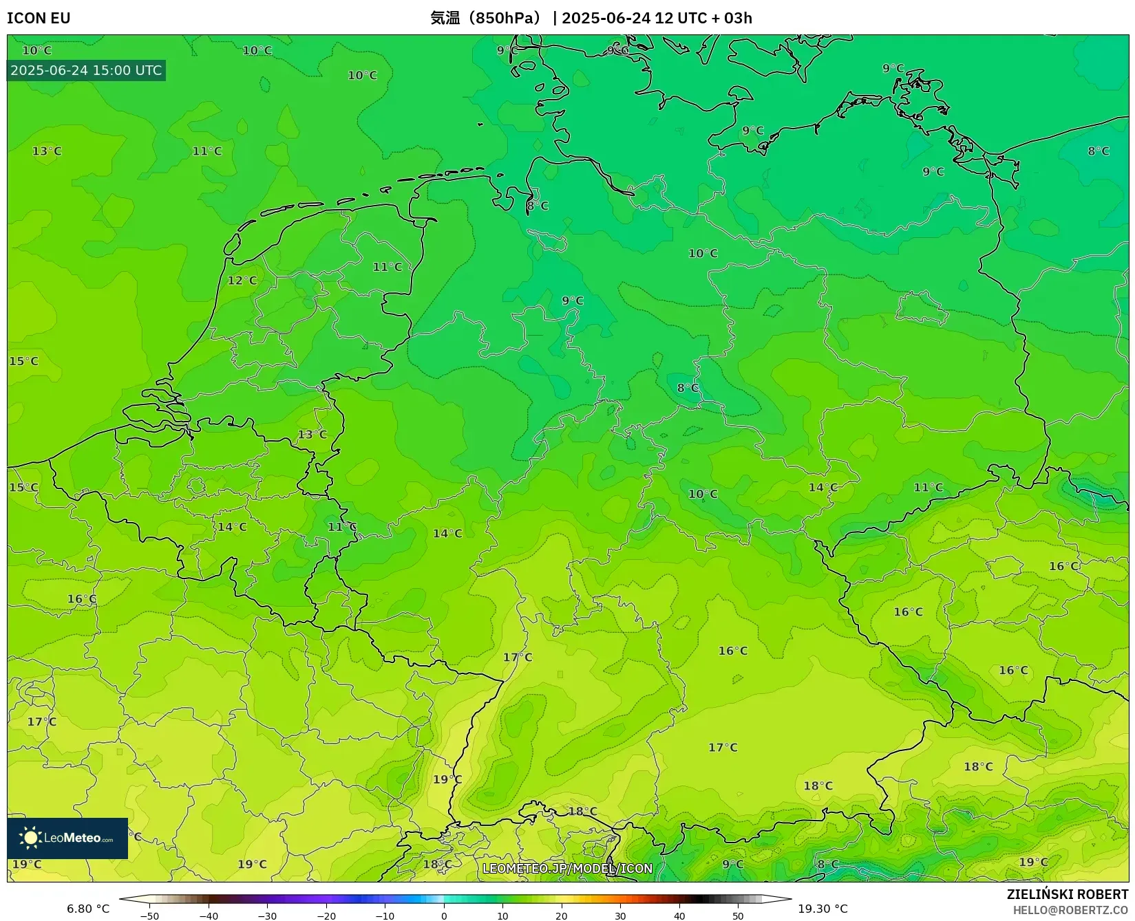 ICON model - ドイツ, 気温(850hPa) ICON model - ドイツ, 気温(850hPa)