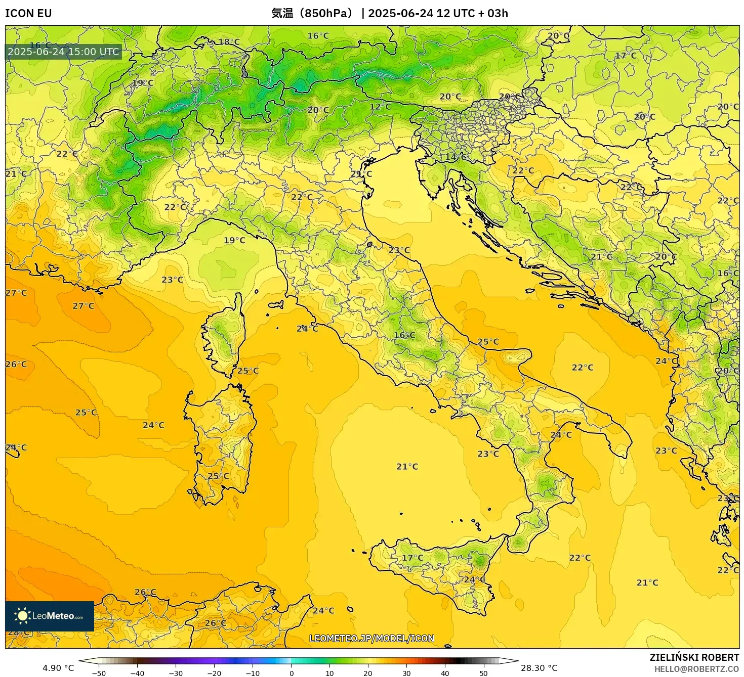 ICON model - イタリア, 気温(850hPa) ICON model - イタリア, 気温(850hPa)
