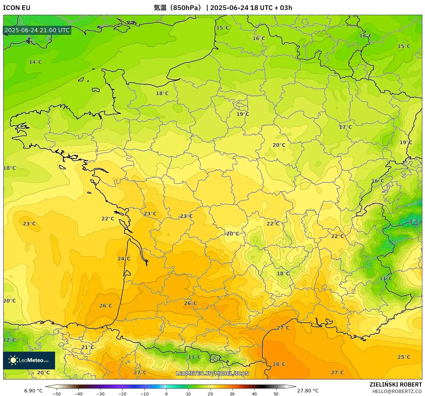ICON model - フランス, 気温(850hPa) ICON model - フランス, 気温(850hPa)