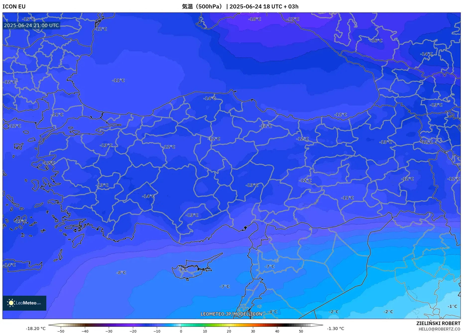 ICON model - トルコ, 気温(500hPa) ICON model - トルコ, 気温(500hPa)