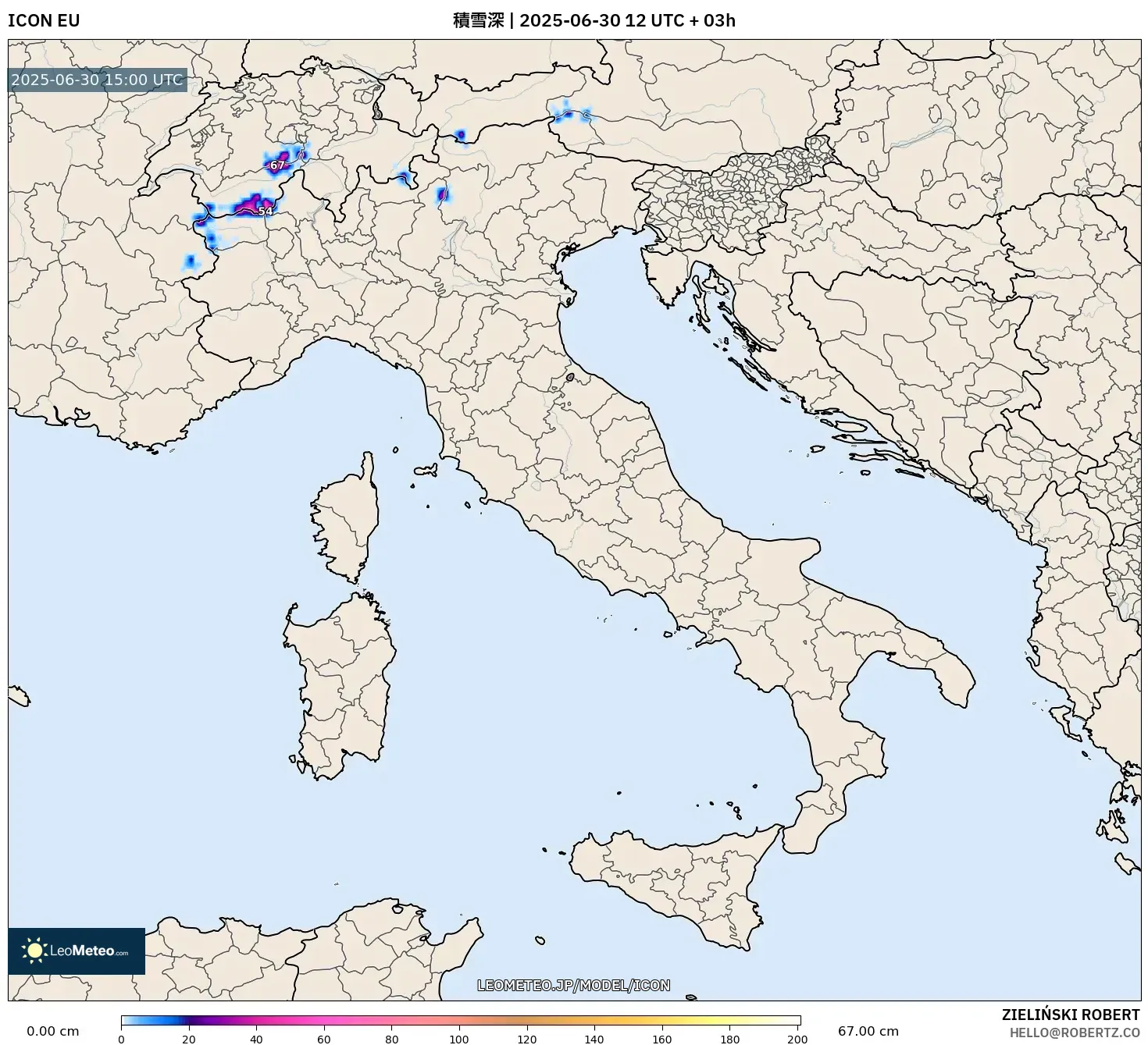 ICON model - イタリア, 積雪深 ICON model - イタリア, 積雪深