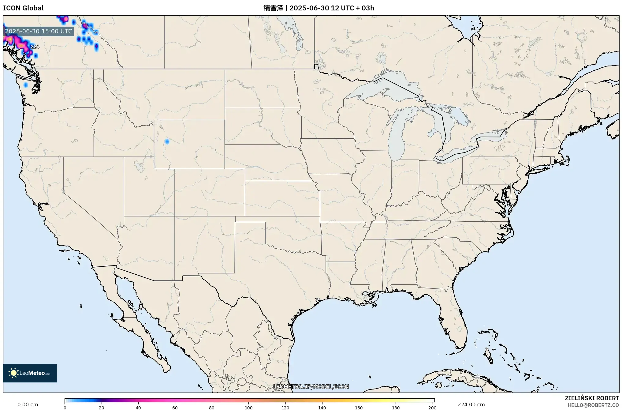 ICON model - アメリカ合衆国, 積雪深 ICON model - アメリカ合衆国, 積雪深
