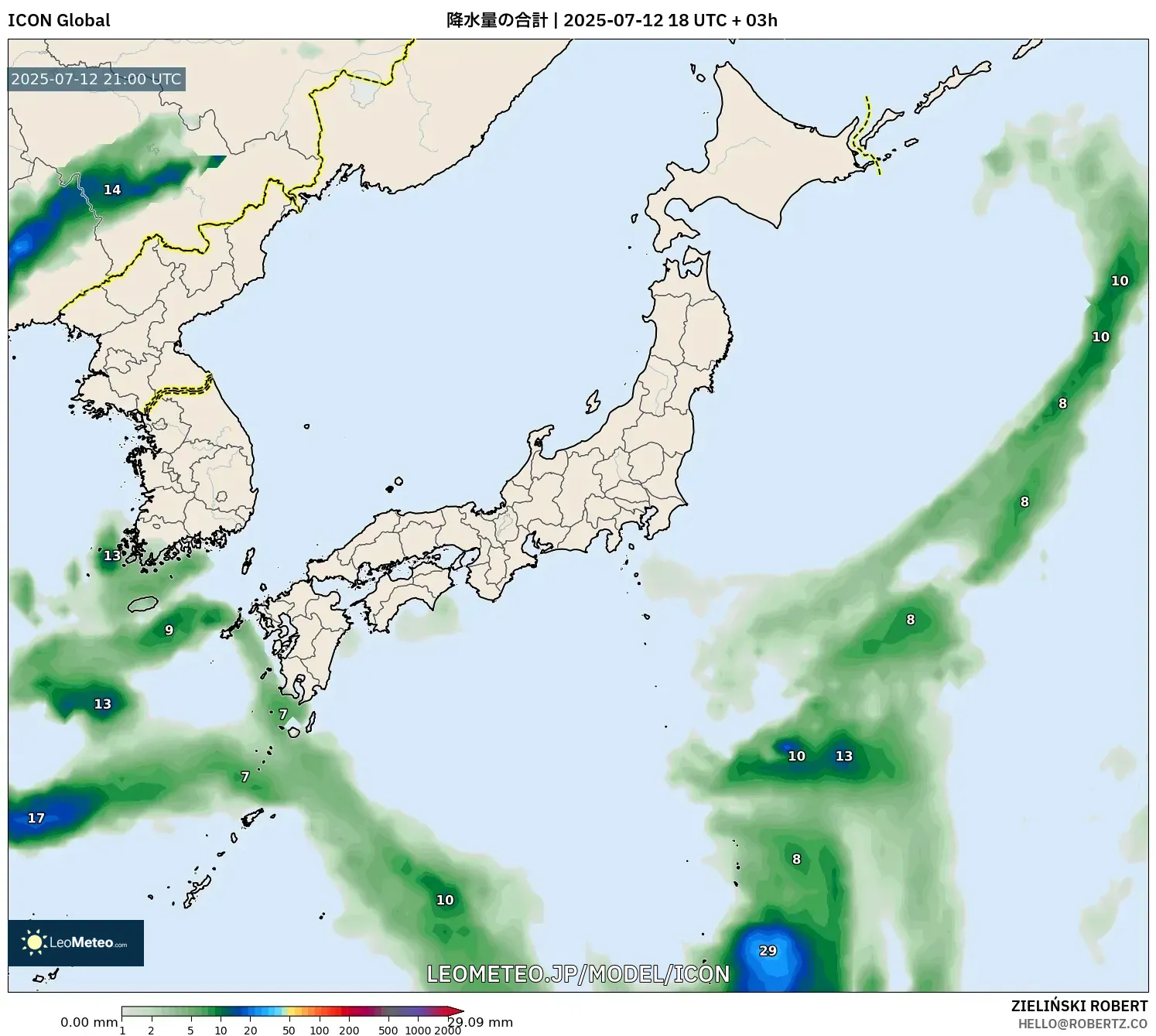 ICON model - 日本, 降水量の合計 ICON model - 日本, 降水量の合計