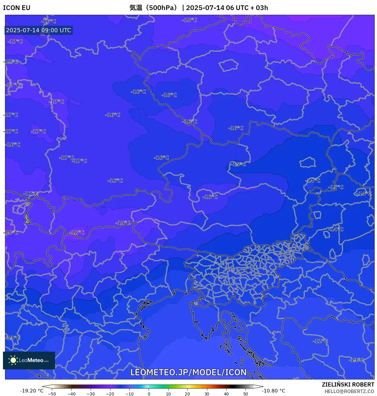 ICON model - オーストリア, 気温(500hPa) ICON model - オーストリア, 気温(500hPa)