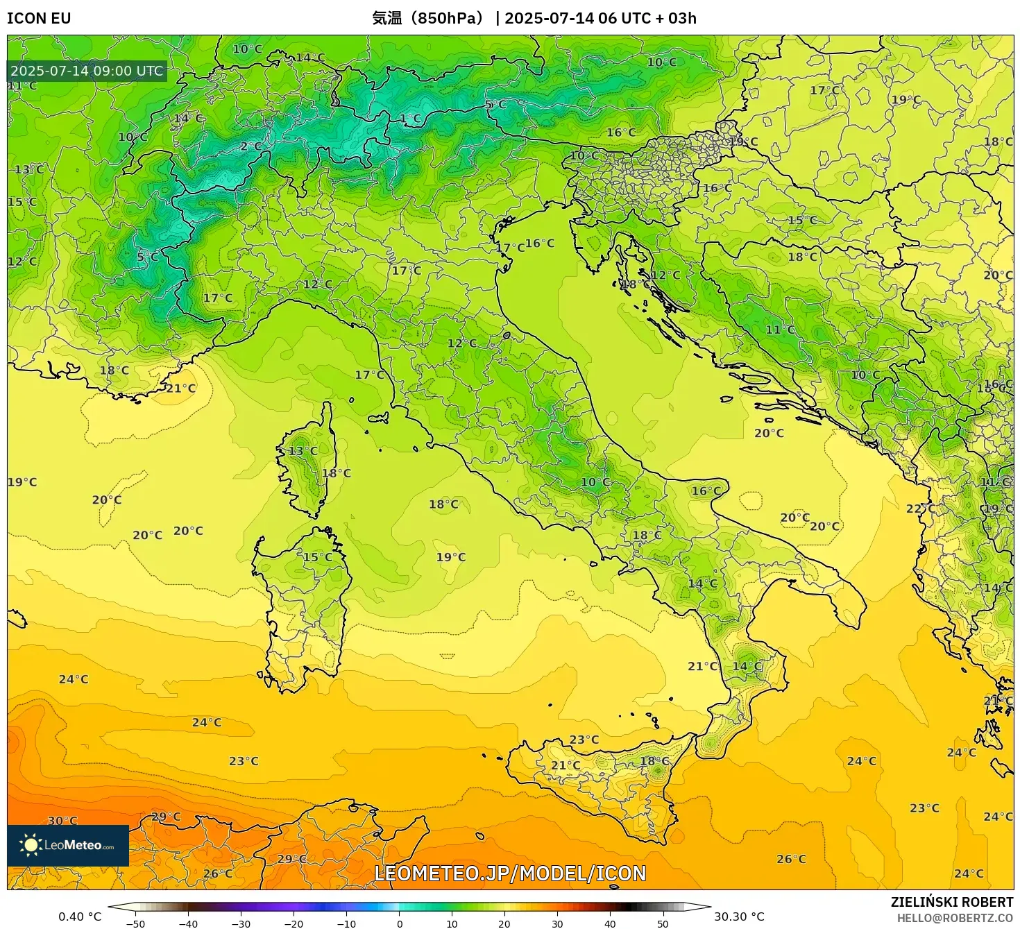 ICON model - イタリア, 気温(850hPa) ICON model - イタリア, 気温(850hPa)