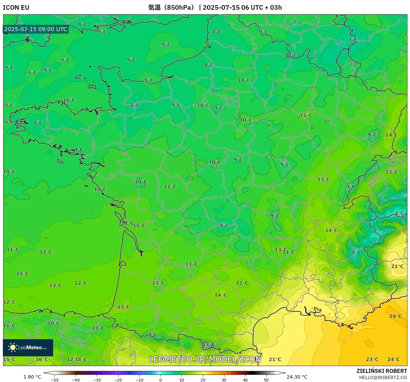 ICON model - フランス, 気温(850hPa) ICON model - フランス, 気温(850hPa)