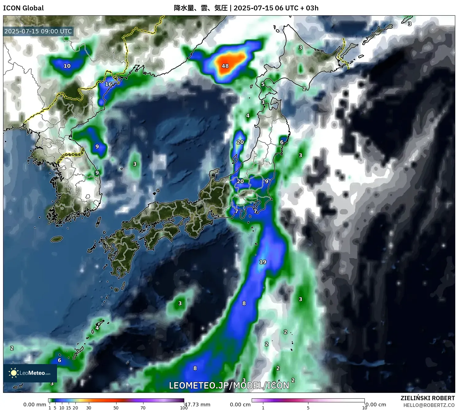 ICON model - 日本, 降水量、雲、気圧 ICON model - 日本, 降水量、雲、気圧
