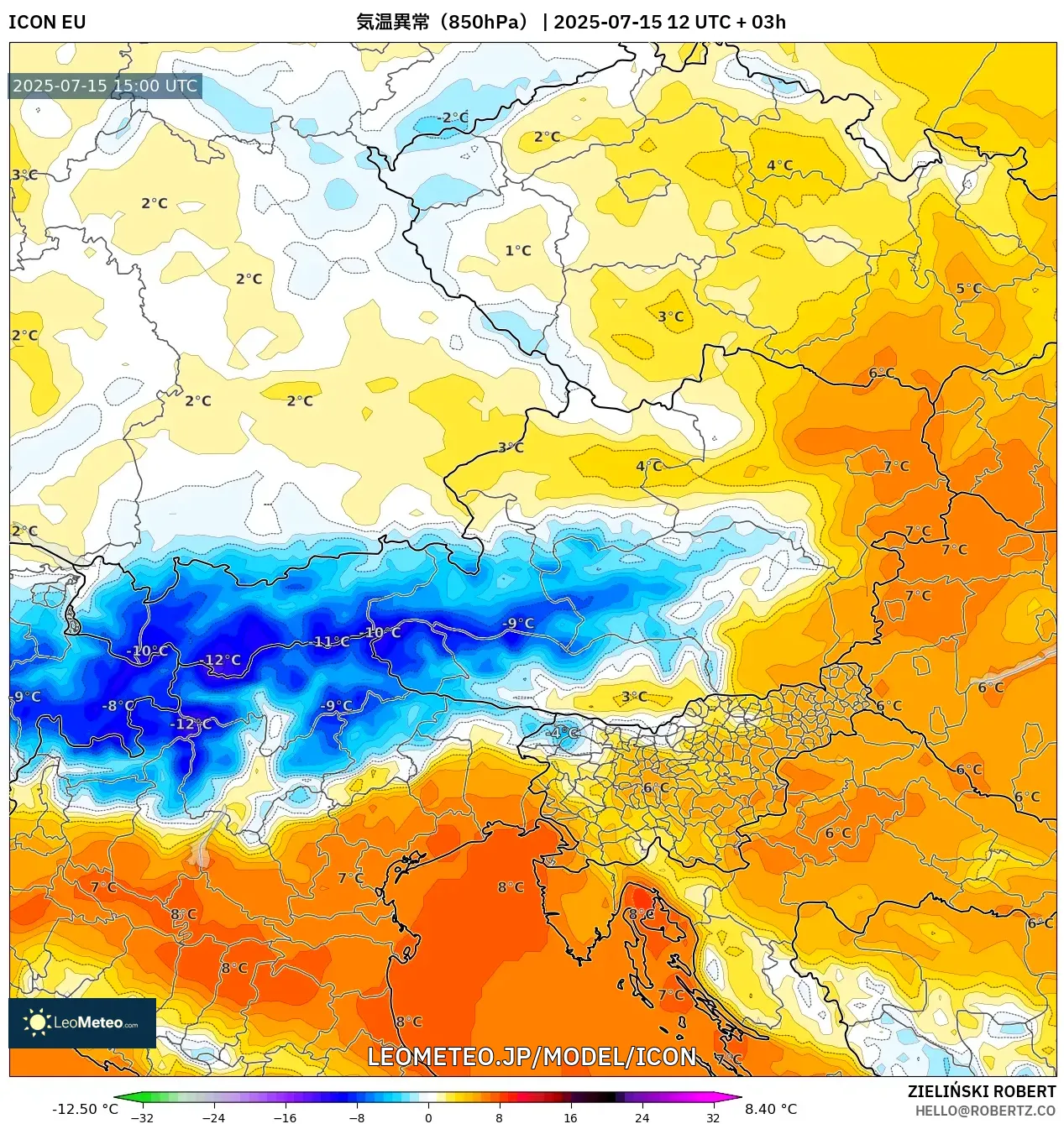 ICON model - オーストリア, 気温異常(850hPa) ICON model - オーストリア, 気温異常(850hPa)