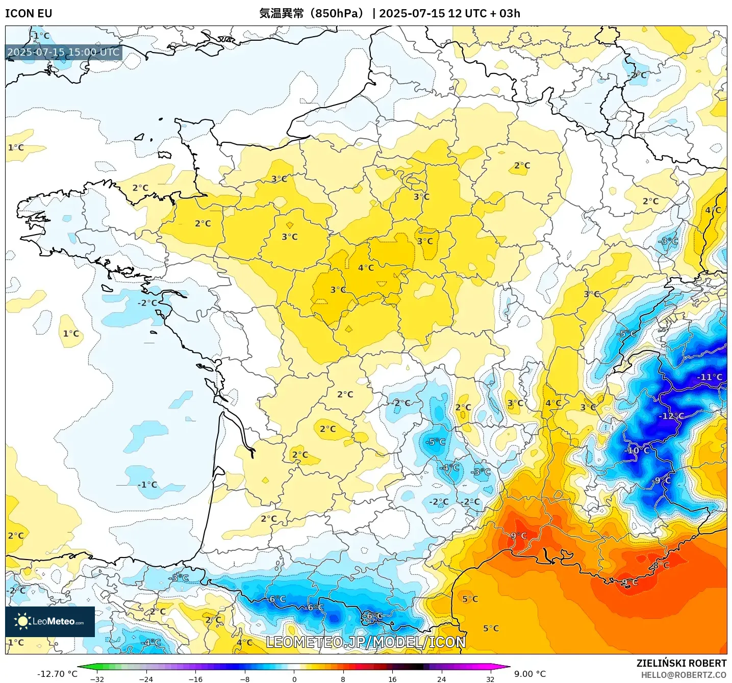 ICON model - フランス, 気温異常(850hPa) ICON model - フランス, 気温異常(850hPa)