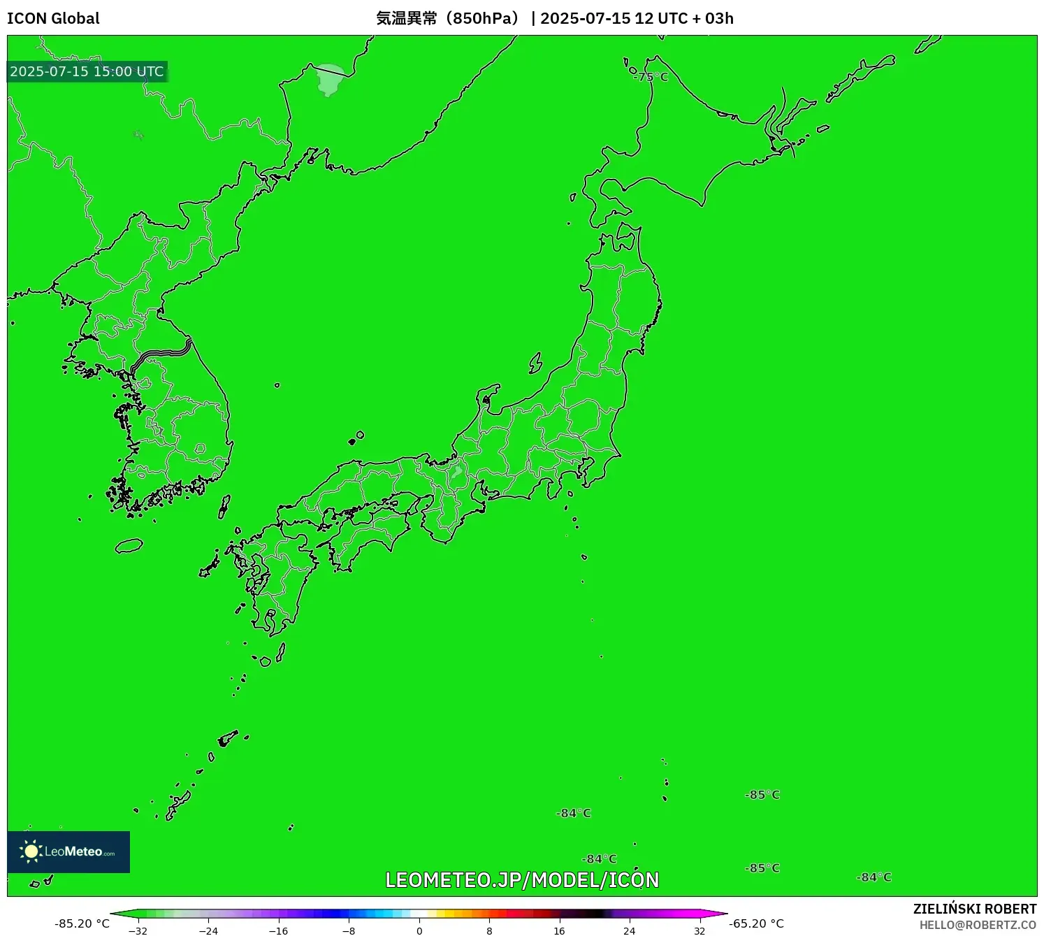ICON model - 日本, 気温異常(850hPa) ICON model - 日本, 気温異常(850hPa)