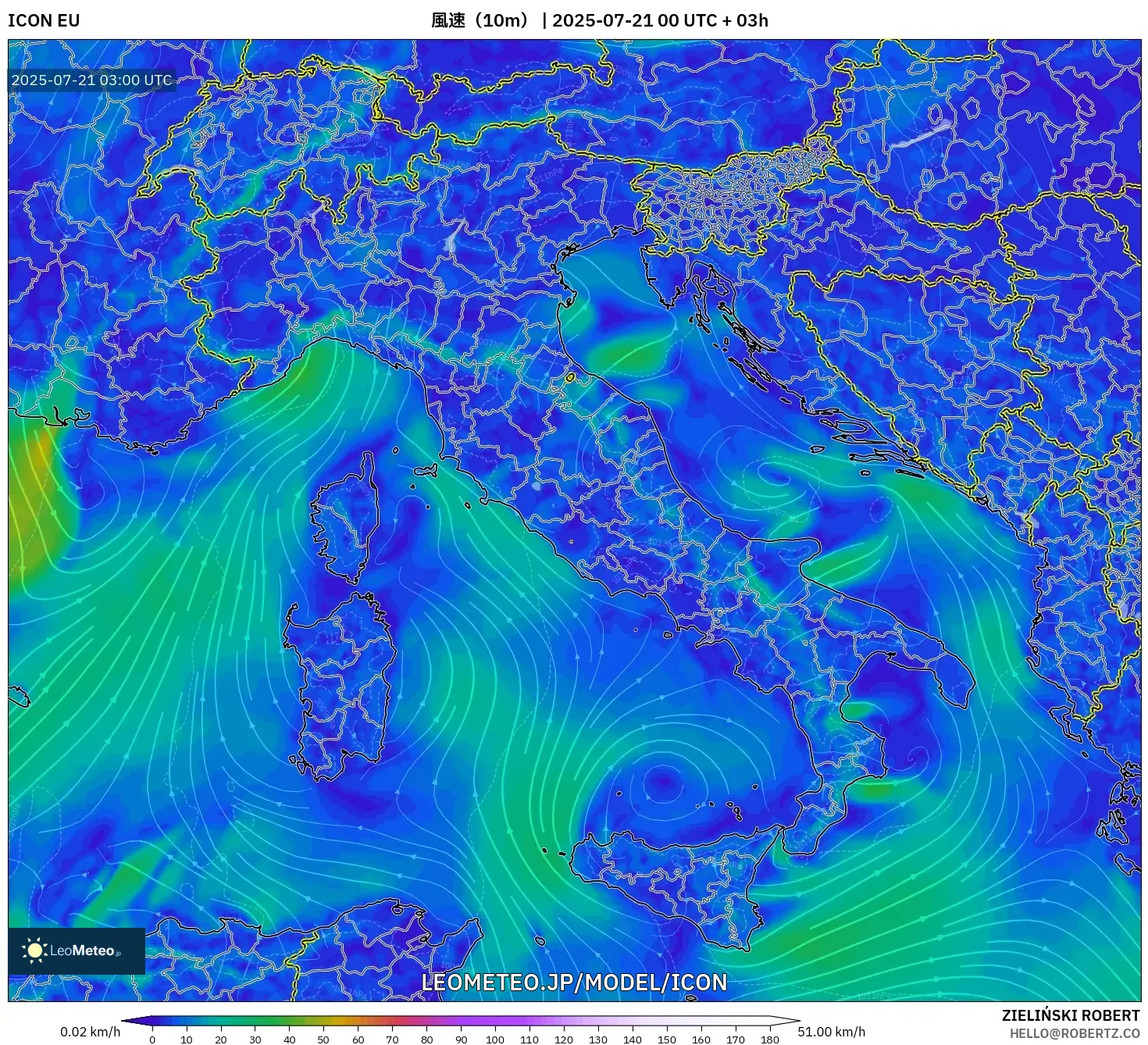 ICON model - イタリア, 風速(10m) ICON model - イタリア, 風速(10m)