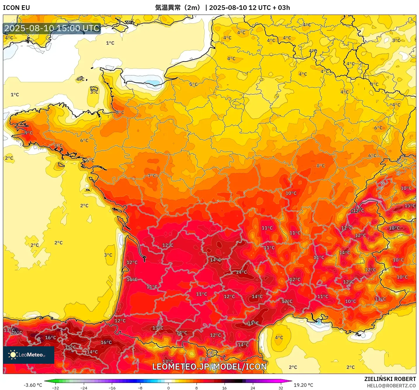 ICON model - フランス, 気温異常(2m) ICON model - フランス, 気温異常(2m)