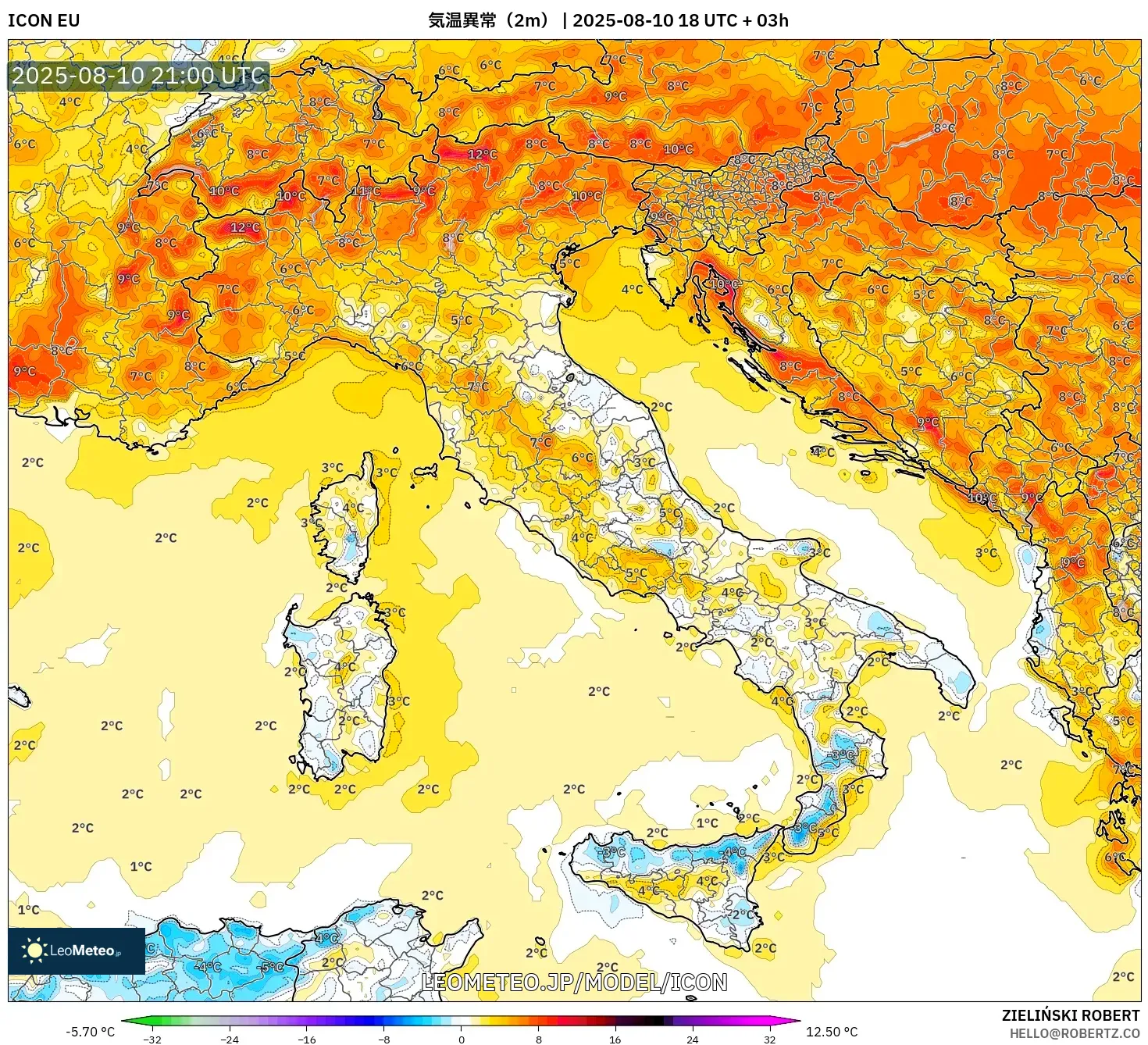 ICON model - イタリア, 気温異常(2m) ICON model - イタリア, 気温異常(2m)