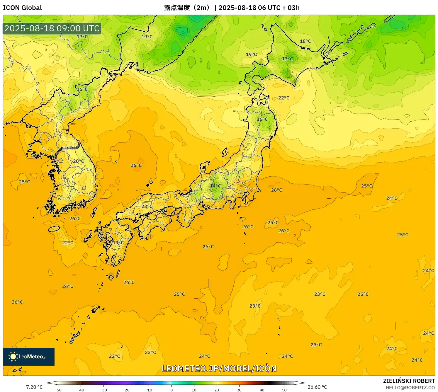 ICON model - 日本, 露点温度(2m) ICON model - 日本, 露点温度(2m)