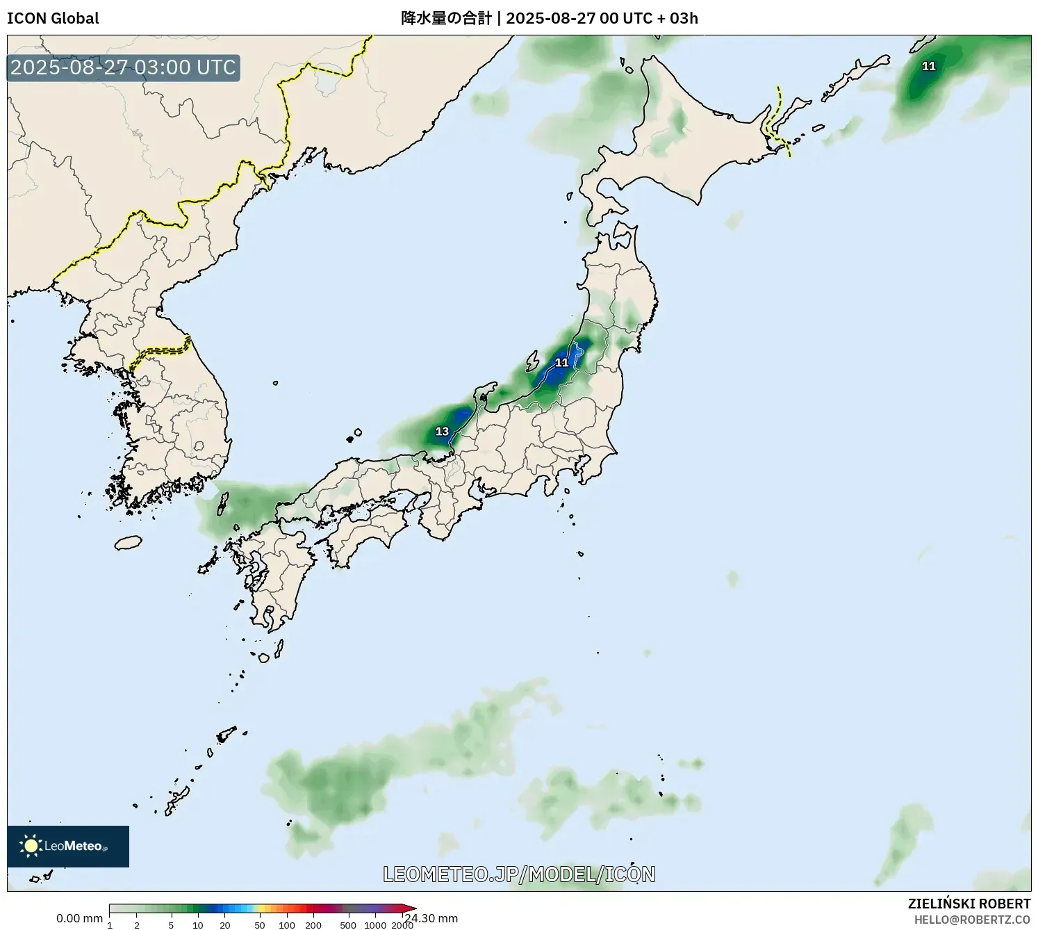 ICON model - 日本, 降水量の合計 ICON model - 日本, 降水量の合計