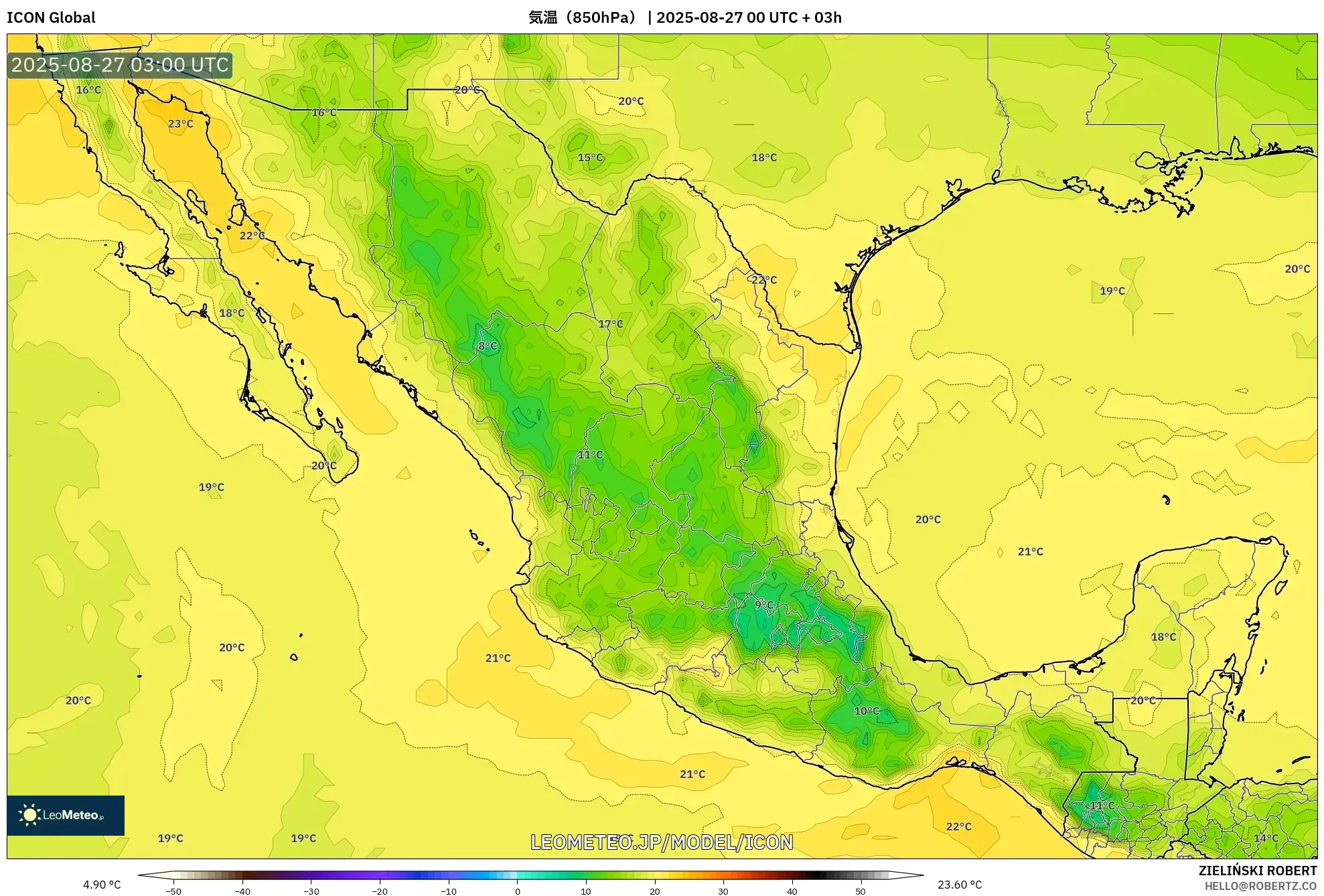 ICON model - メキシコ, 気温(850hPa) ICON model - メキシコ, 気温(850hPa)