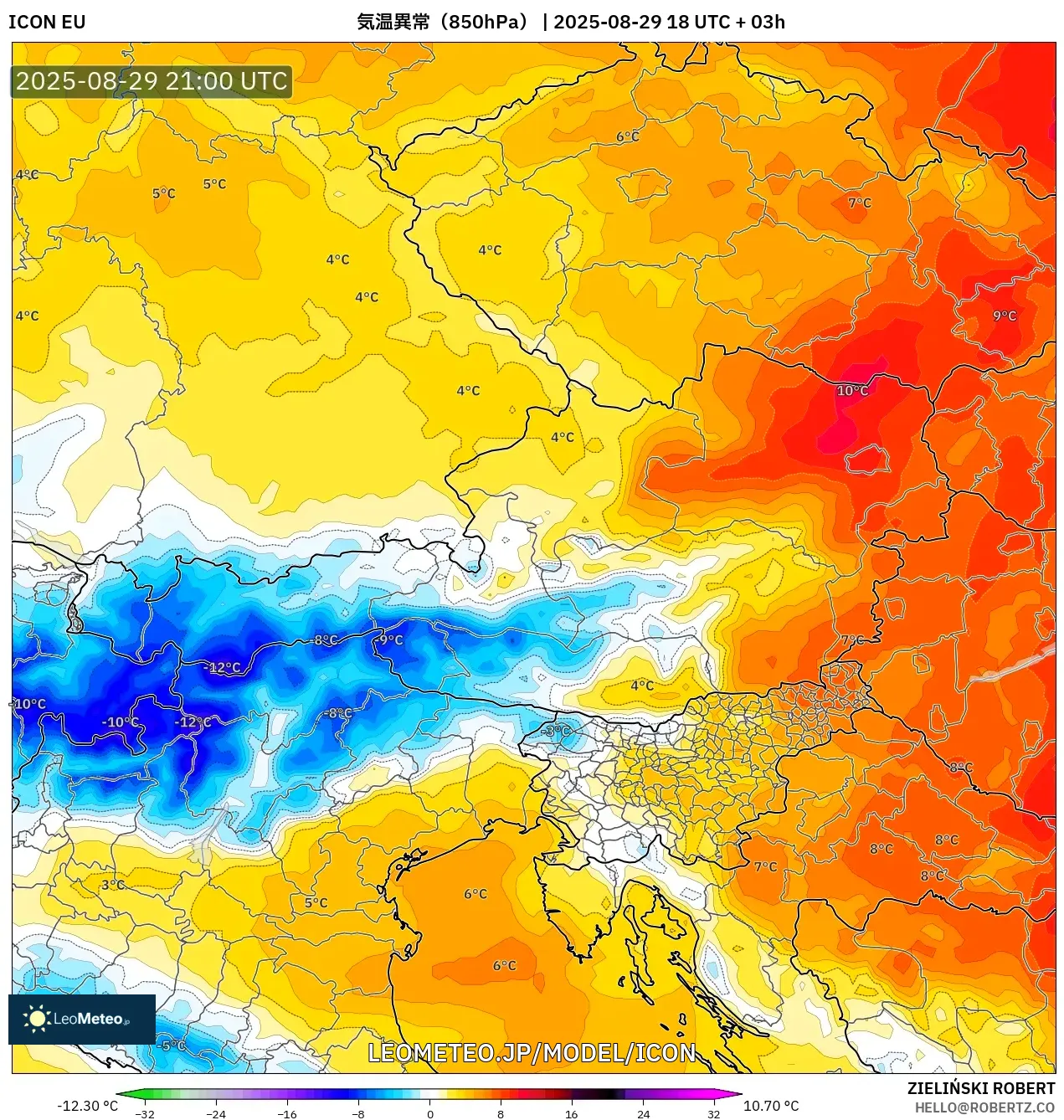 ICON model - オーストリア, 気温異常(850hPa) ICON model - オーストリア, 気温異常(850hPa)