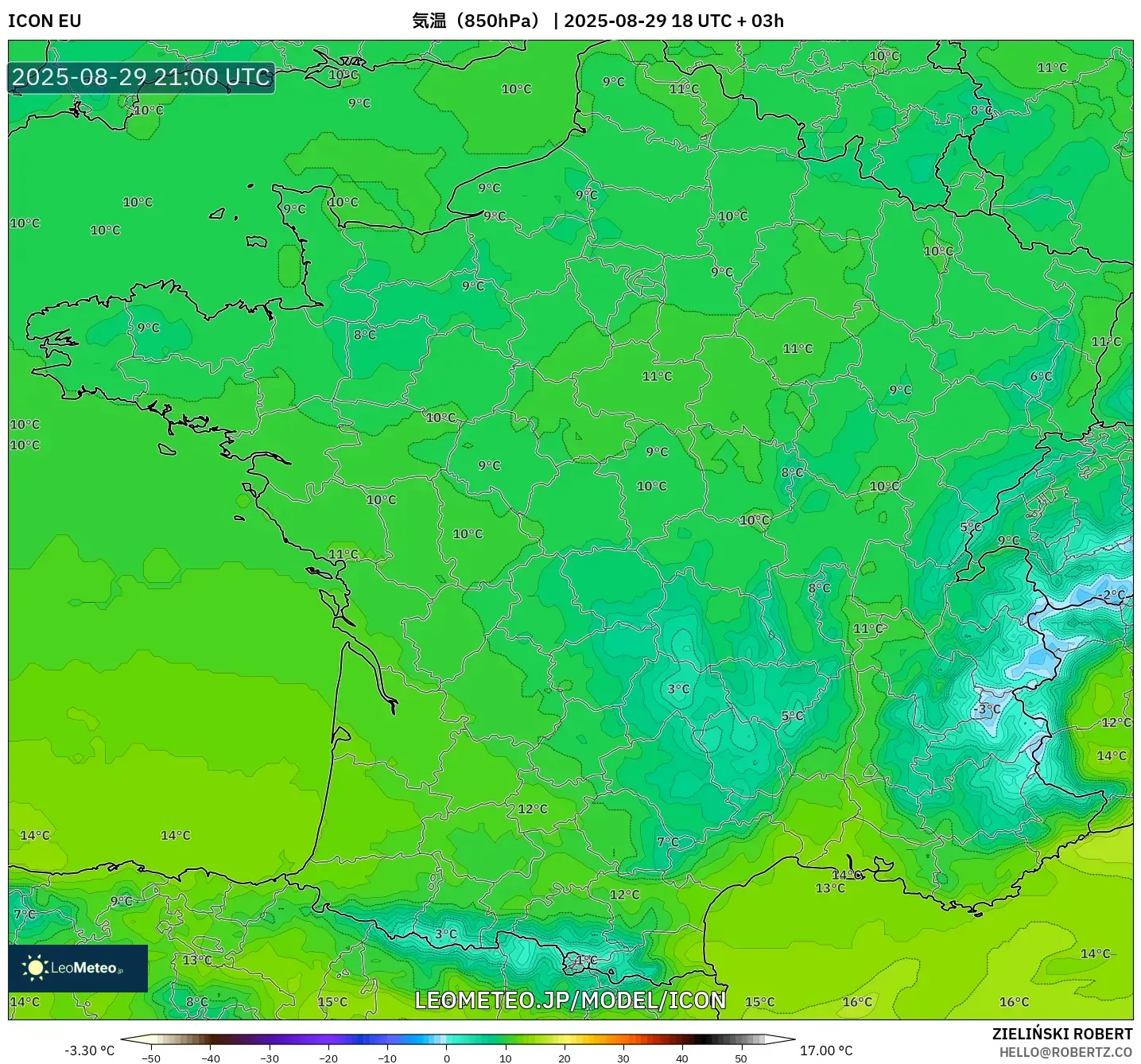 ICON model - フランス, 気温(850hPa) ICON model - フランス, 気温(850hPa)