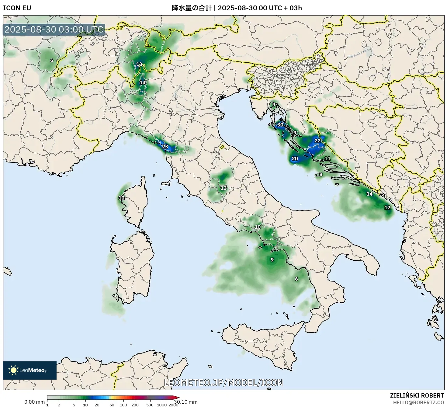 ICON model - イタリア, 降水量の合計 ICON model - イタリア, 降水量の合計